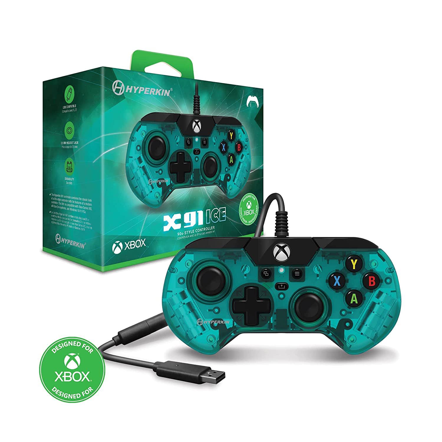 Hyperkin X91 Ice Xbox Series X/S and Xbox One Wired Controller with Precision Analog Triggers - Aqua Green